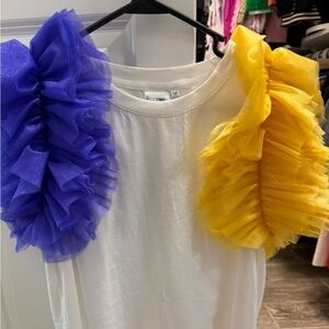 QOS White Tee with Purple and Yellow Ruffle Sleeves